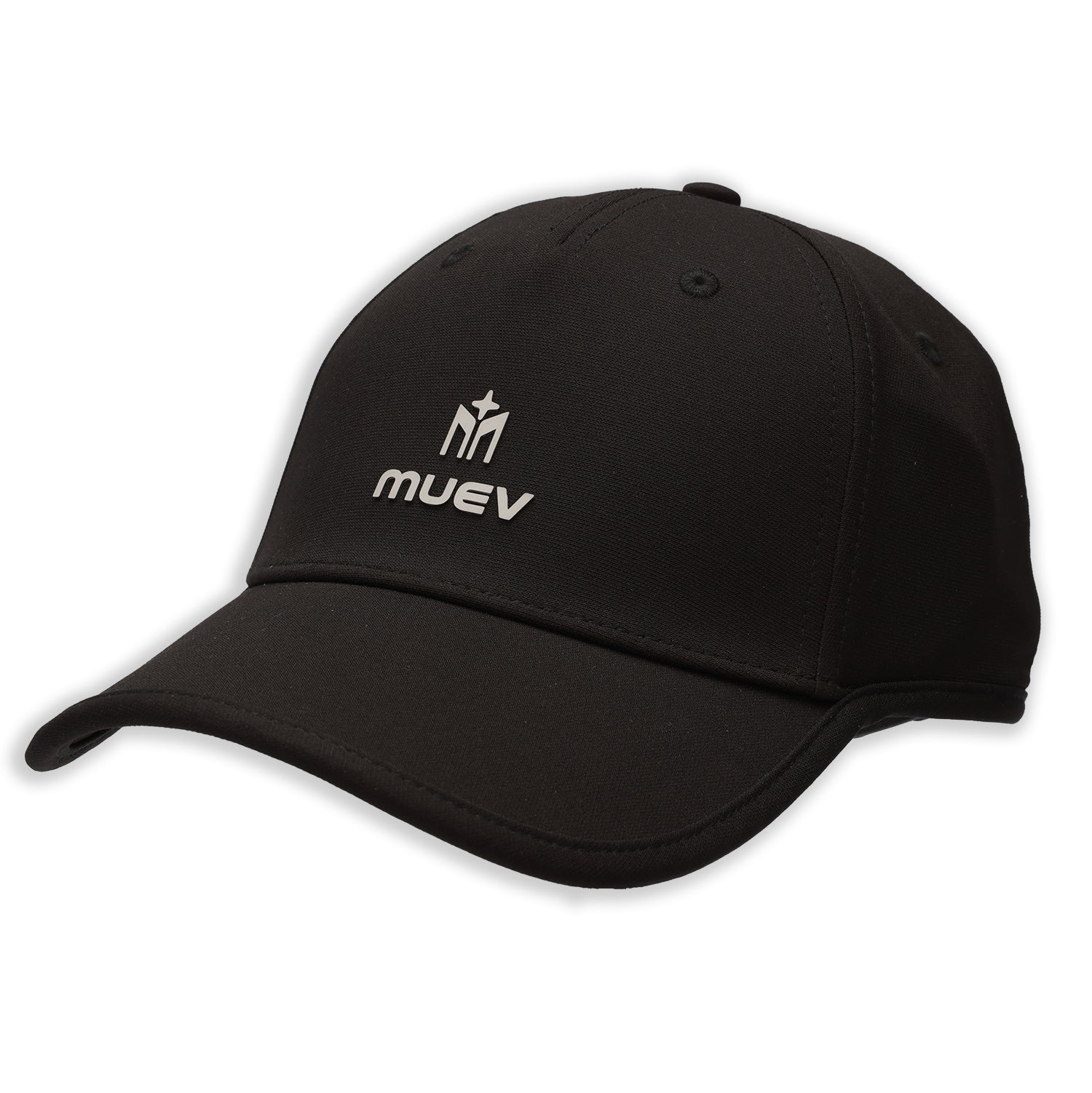 angled view of black Muev Sport Hat with curved brim and embroidered logo for padel and pickleball apparel