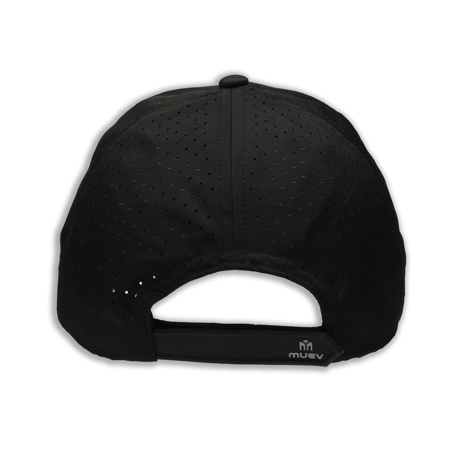 rear view of black Muev Breathable Logo Hat with adjustable strap designed for padel and pickleball apparel