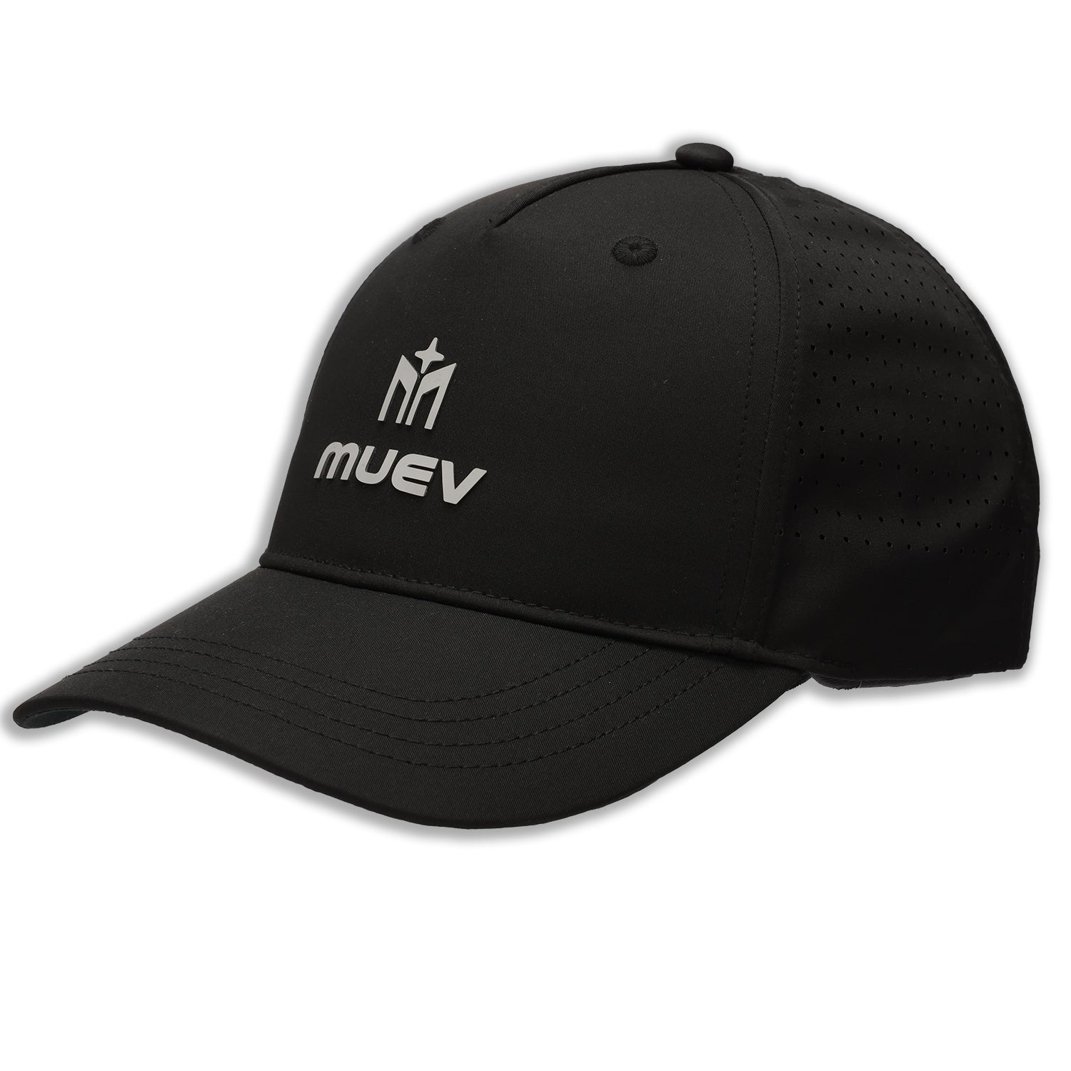 black Muev Breathable Logo Hat featuring ventilated panels designed for padel and pickleball apparel