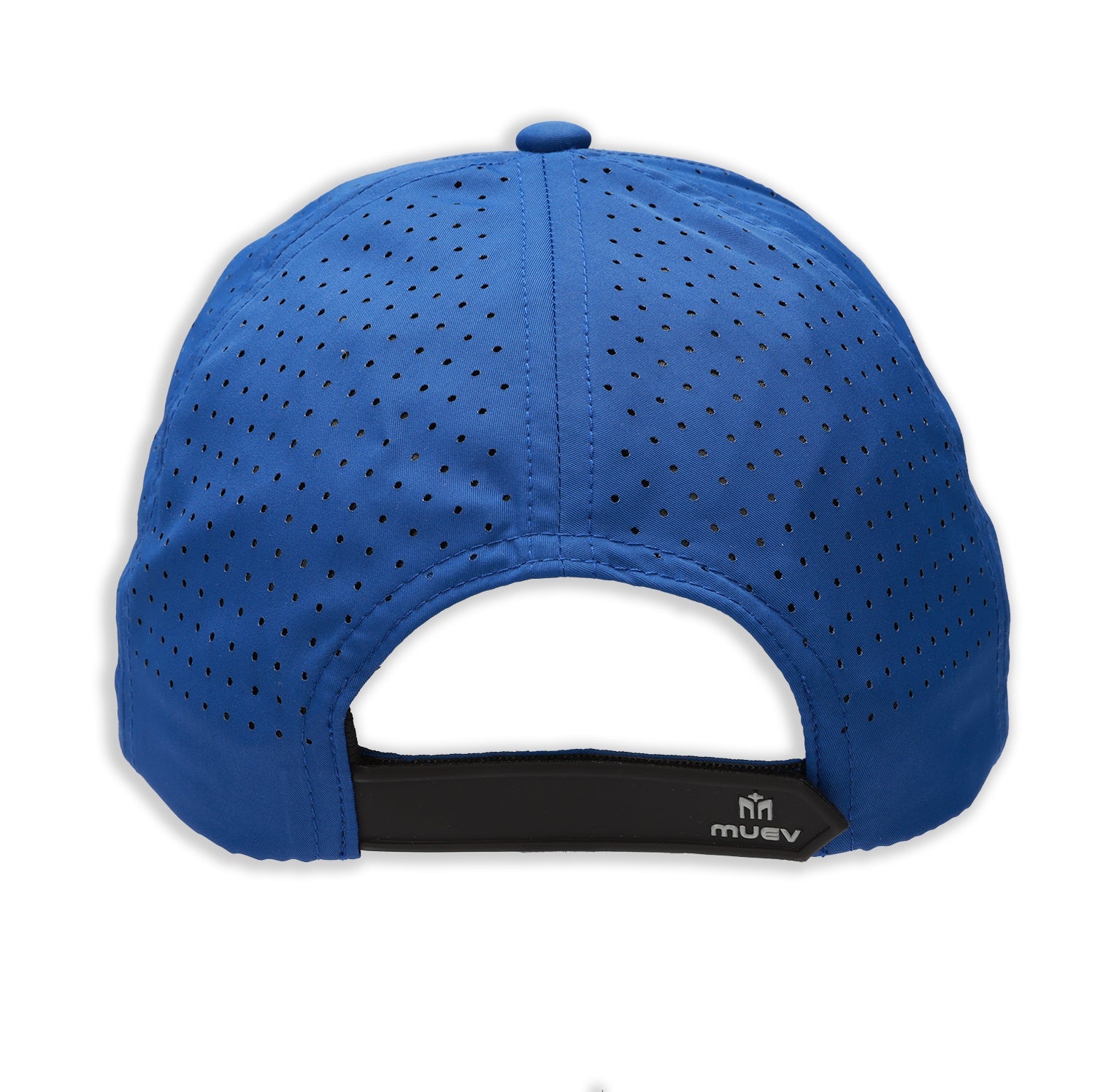 back view of navy Muev breathable logo hat with perforated panels and adjustable strap for padel and pickleball apparel