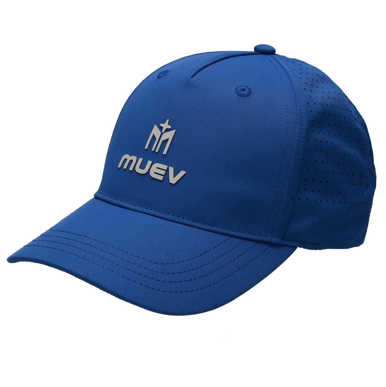 front view of navy Muev breathable logo hat with perforated side panels for padel and pickleball apparel