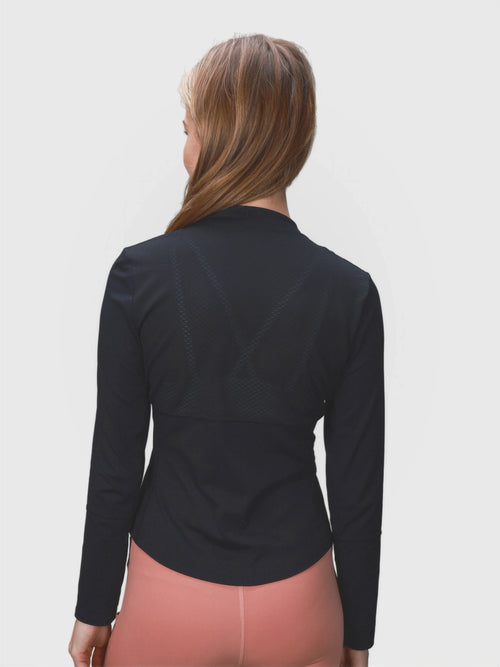Rear view of black AirForm Mesh Back Long Sleeve by MUEV designed as padel and pickleball apparel