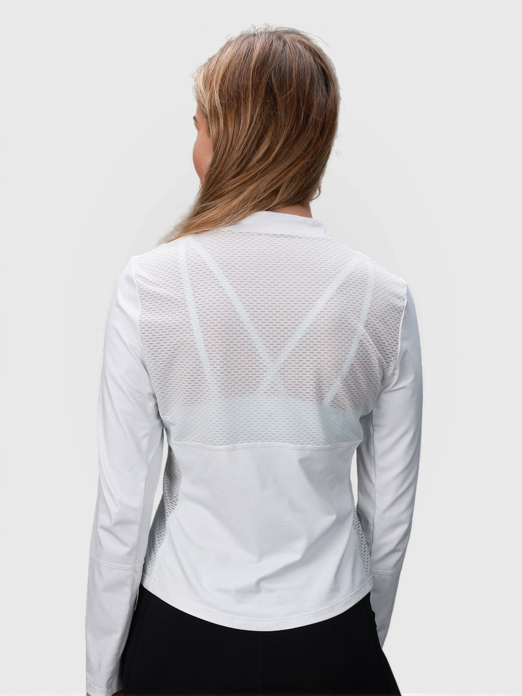 Back view of white AirForm Mesh Back Long Sleeve by MUEV designed for padel and pickleball apparel