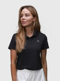 Front view of black Club Polo by MUEV with short sleeves and collar for padel and pickleball apparel