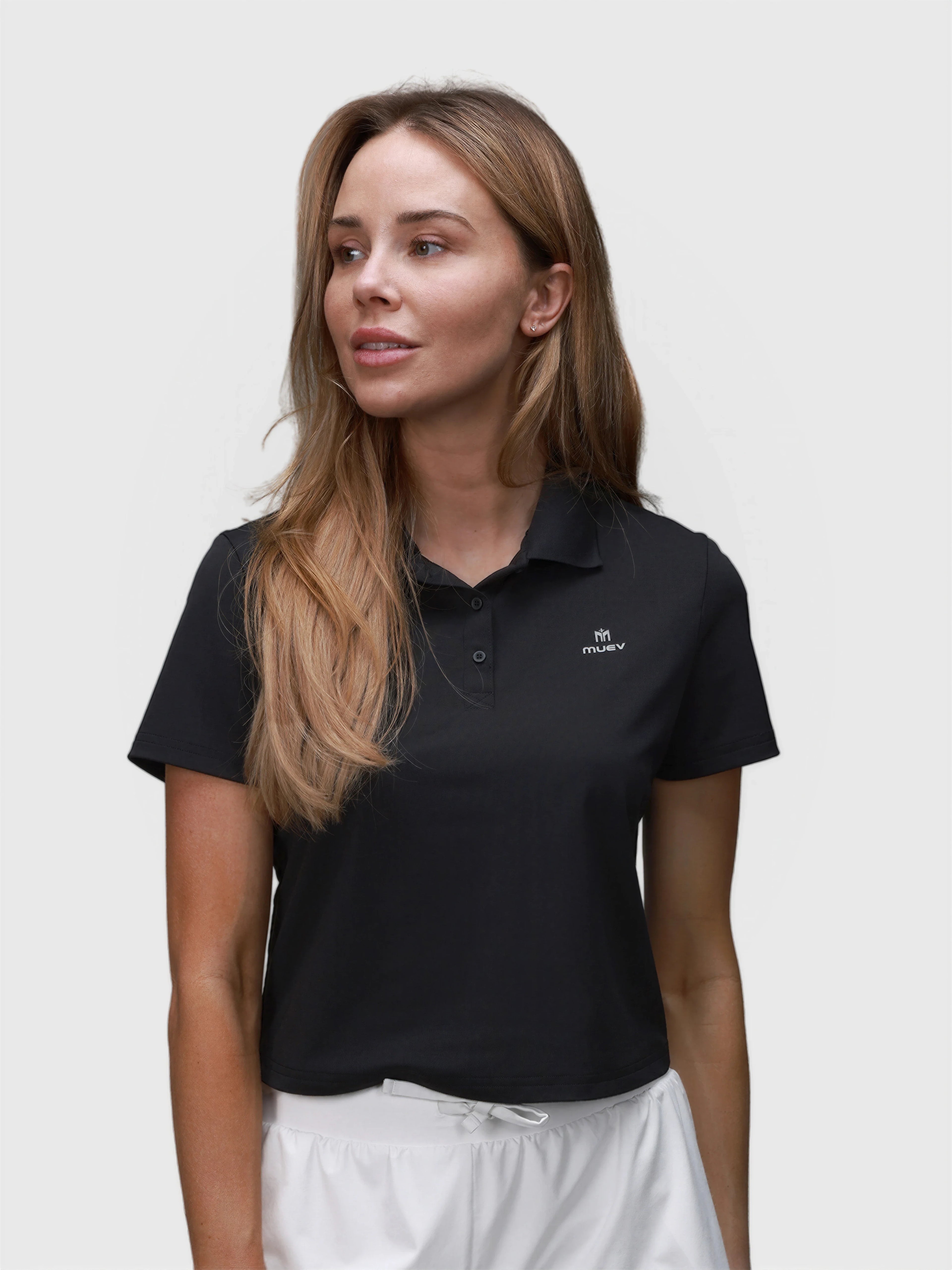 Front view of black Club Polo by MUEV with short sleeves and collar for padel and pickleball apparel