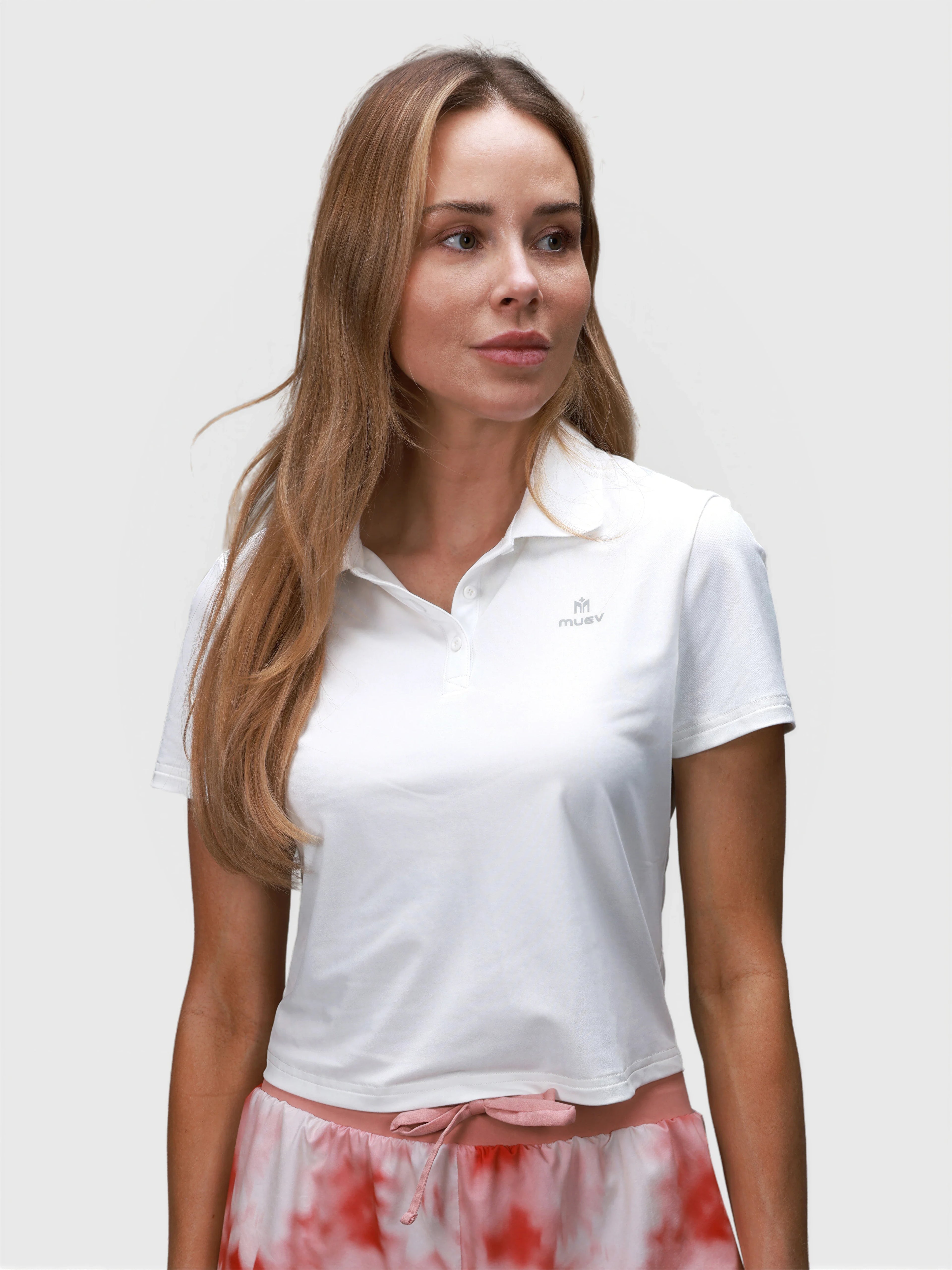 Front view of white Club Polo by MUEV with short sleeves and collar for padel and pickleball clothing