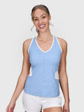 front view of woman wearing cloud blue Racerback Tank by MUEV for padel and pickleball apparel