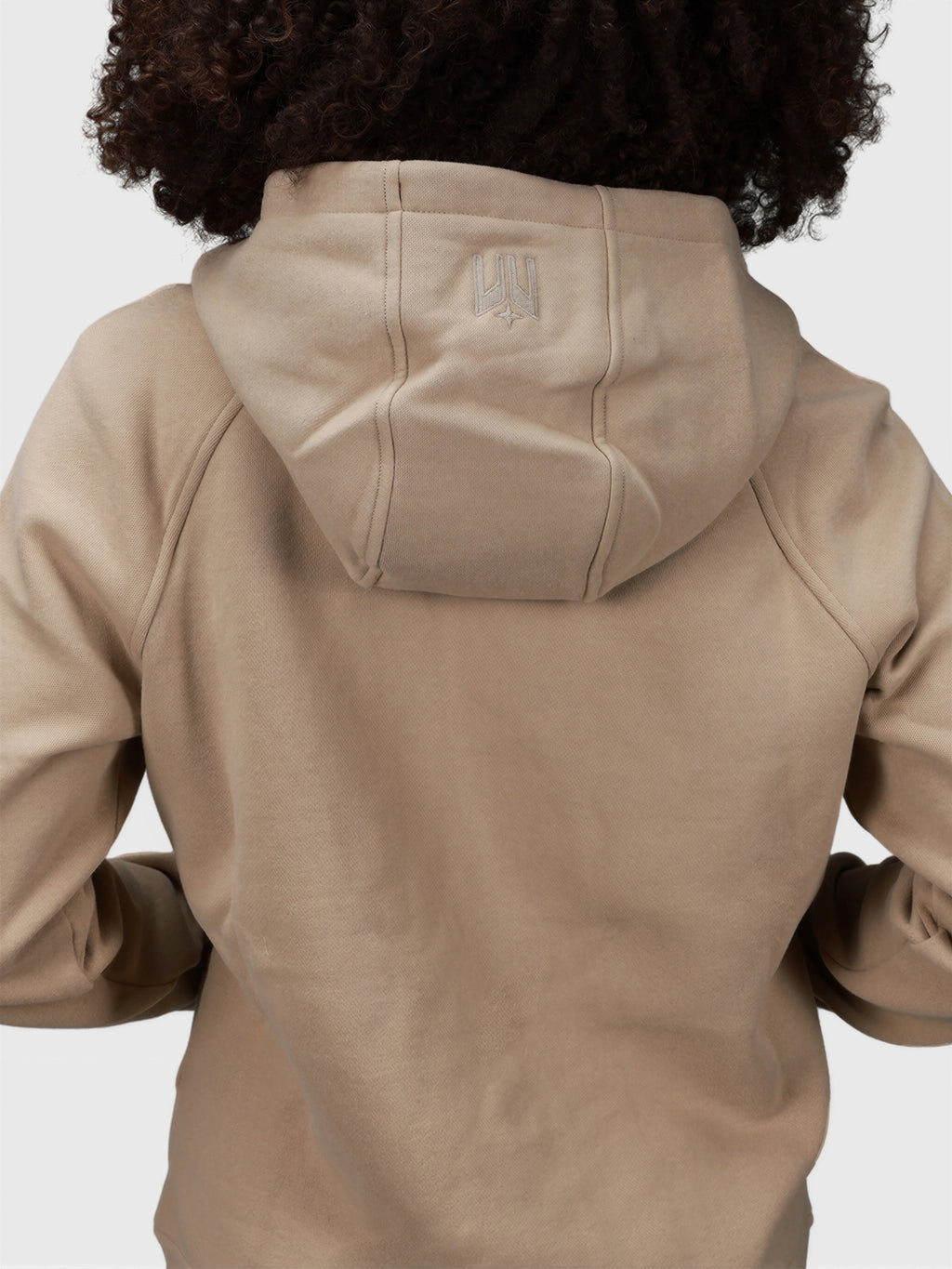 Back view of woman wearing Khaki Women's Off Court Full Zip Hoodie by MUEV for padel and pickleball clothing