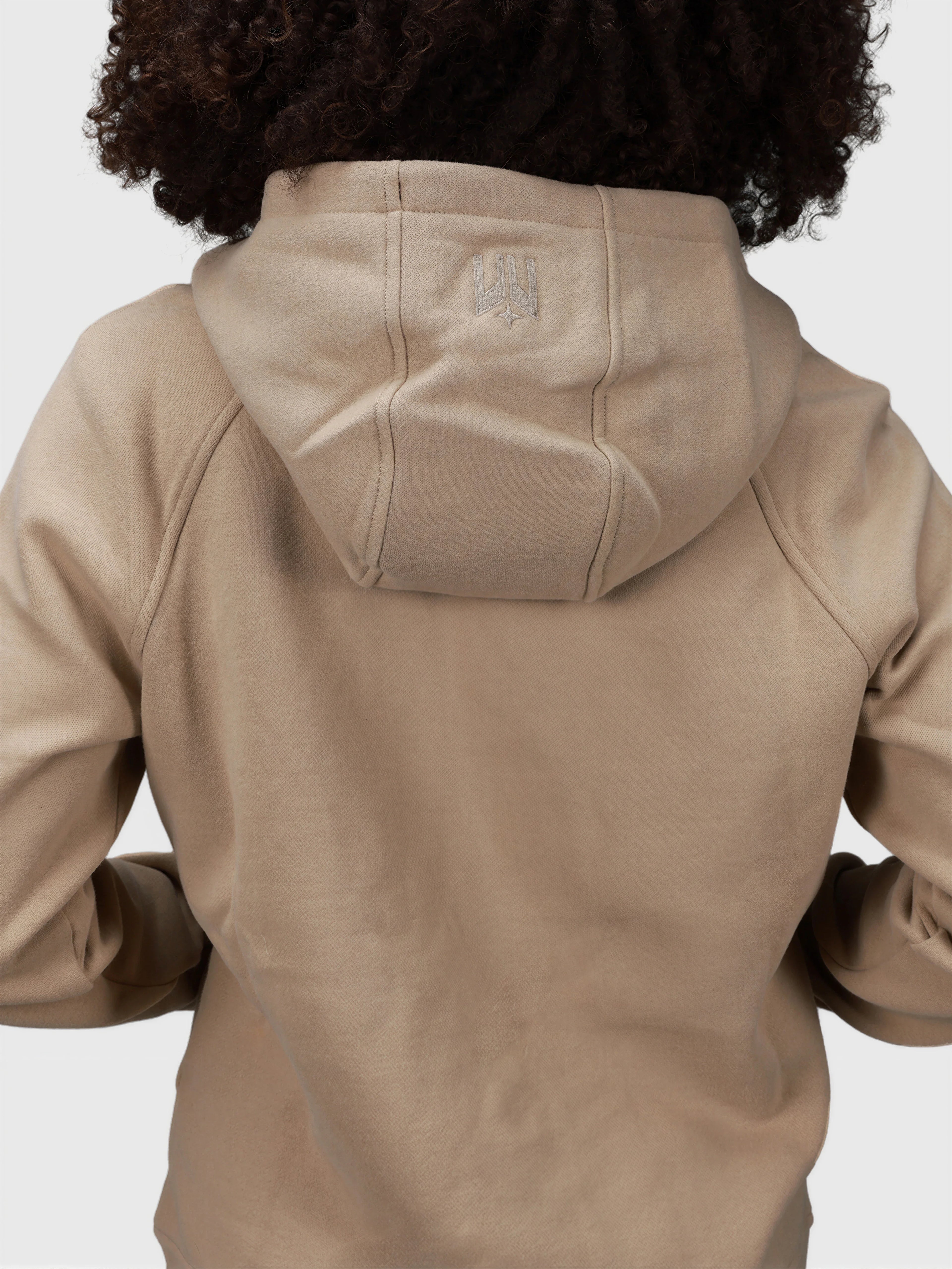 Back view of woman wearing Khaki Women's Off Court Full Zip Hoodie by MUEV for padel and pickleball clothing