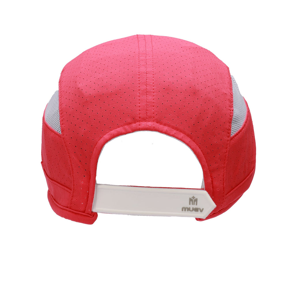 rear view of red Muev Court Hat with perforated panels and adjustable white strap for padel and pickleball apparel