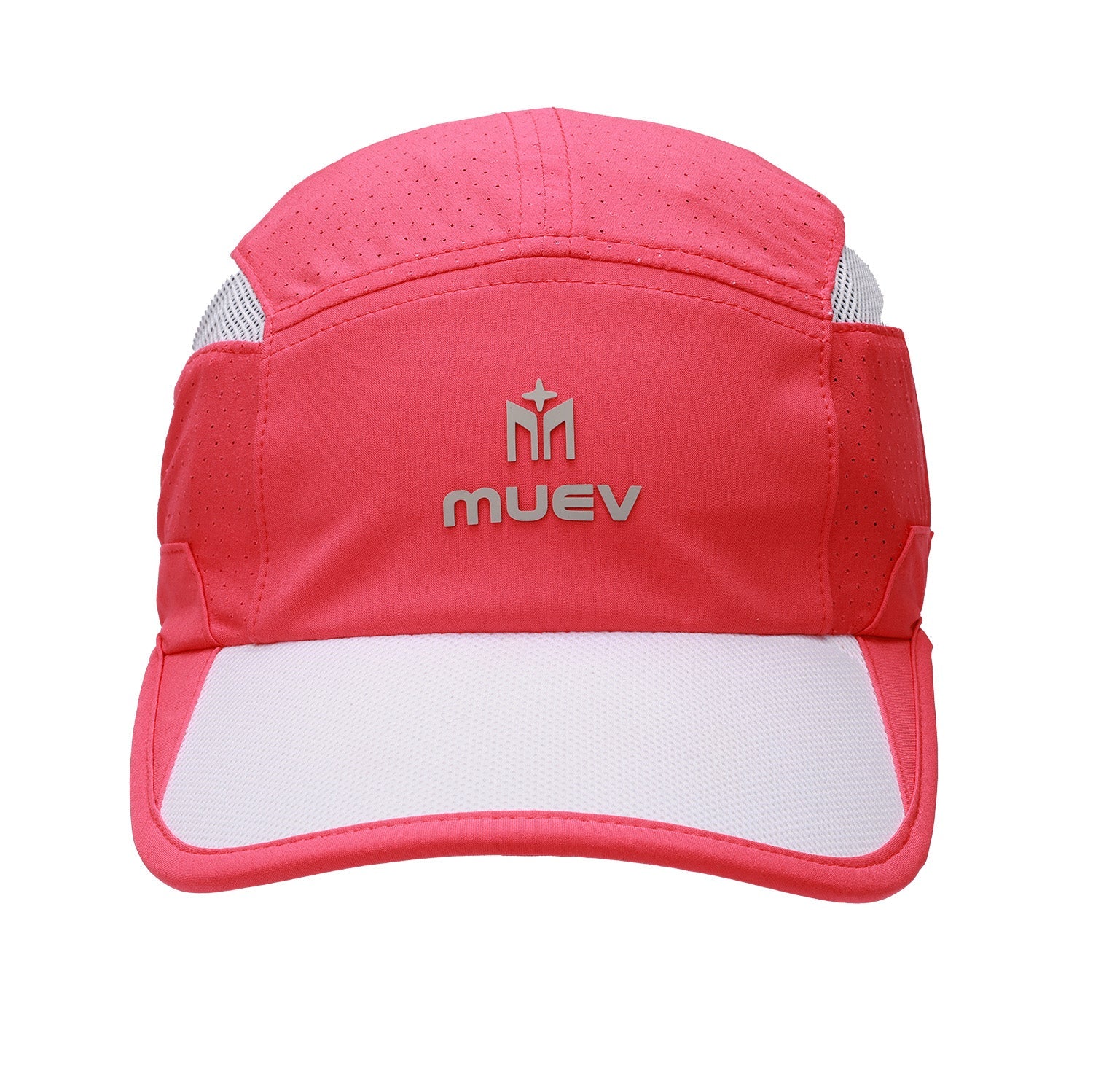 front view of coral Muev Court Hat with white mesh brim and logo for padel and pickleball apparel
