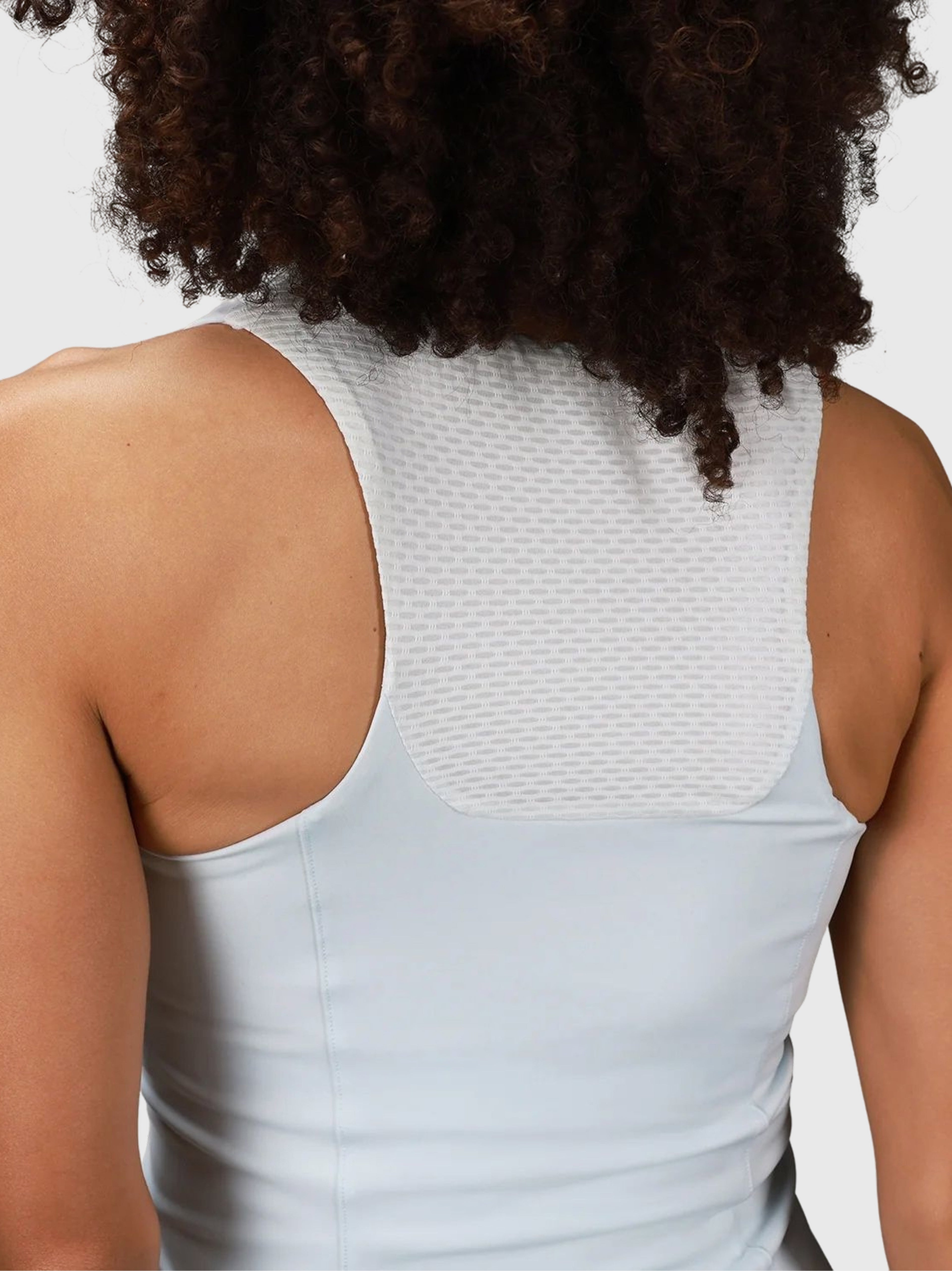 Close-up of back view showing breathable mesh panel on Ice Blue Power Performance Dress by MUEV for pickleball apparel