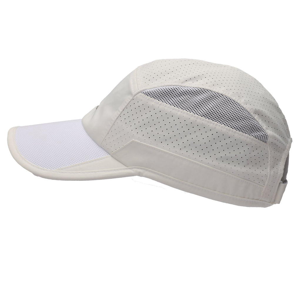 side profile of light beige Muev Court Hat with breathable perforations and mesh panels for padel and pickleball clothing