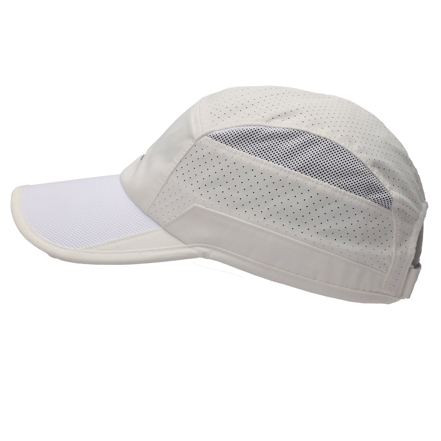 side profile of light beige Muev Court Hat with breathable perforations and mesh panels for padel and pickleball clothing