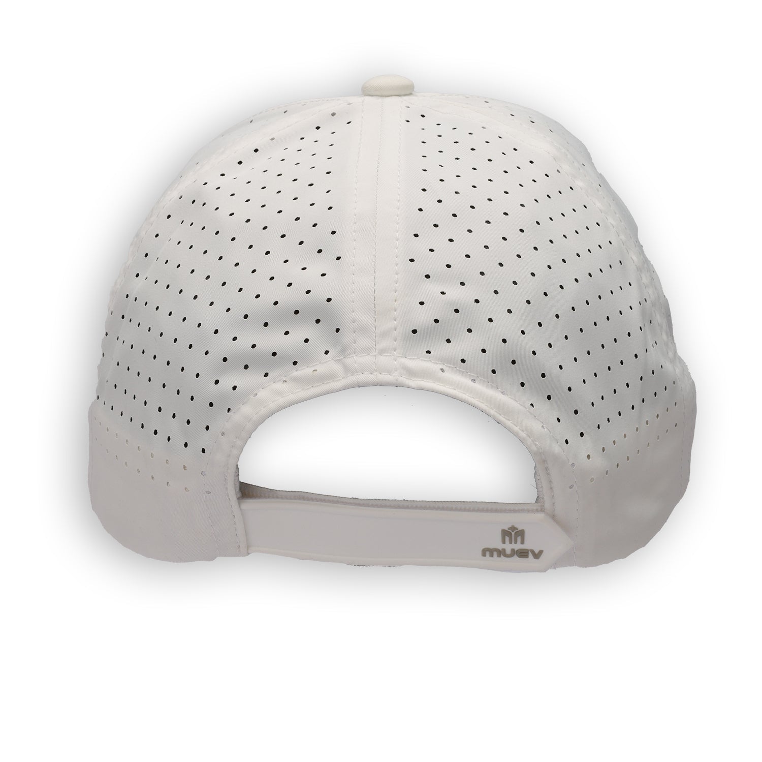 rear view of white MUEV breathable logo hat with ventilation holes and adjustable strap closure