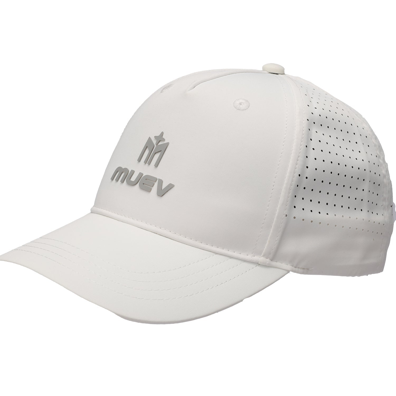 white Muev breathable logo hat with perforated back panels and curved visor for padel and pickleball apparel